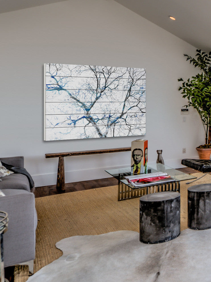 "Blue Branches" Print on White Wood, 60"x40"