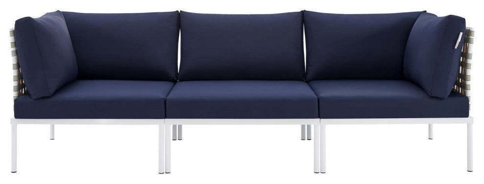 Harmony Sunbrella Basket Weave Outdoor Patio Aluminum Sofa, Tan Navy