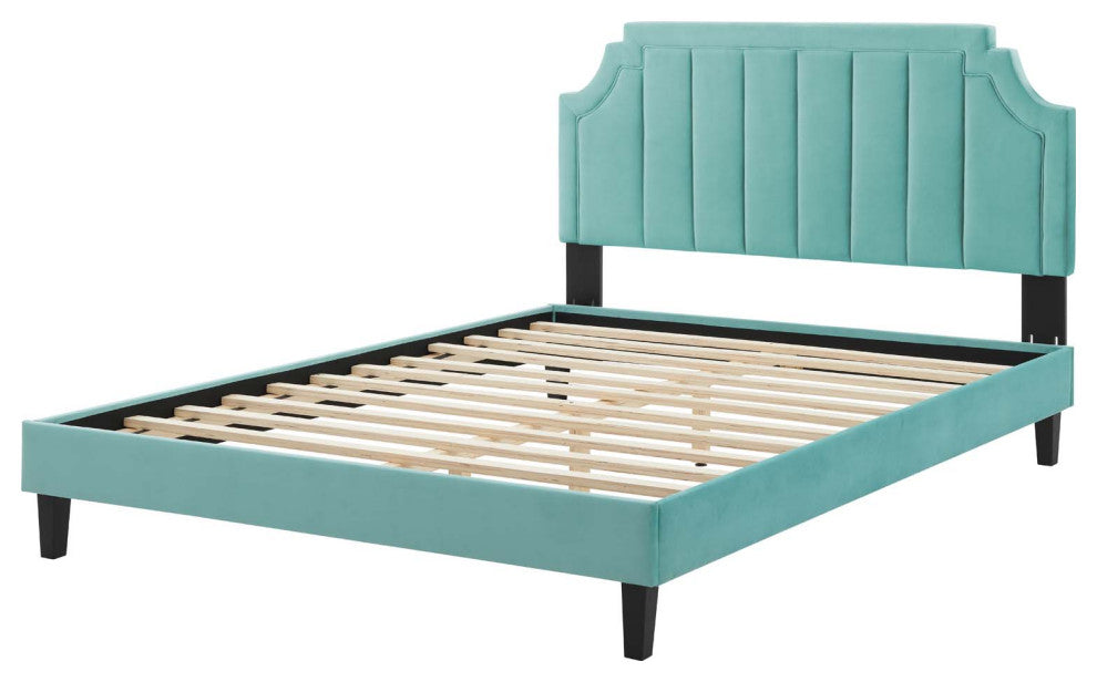 Platform Bed Frame, King Size, Velvet, Blue, Modern Contemporary, Bedroom Master