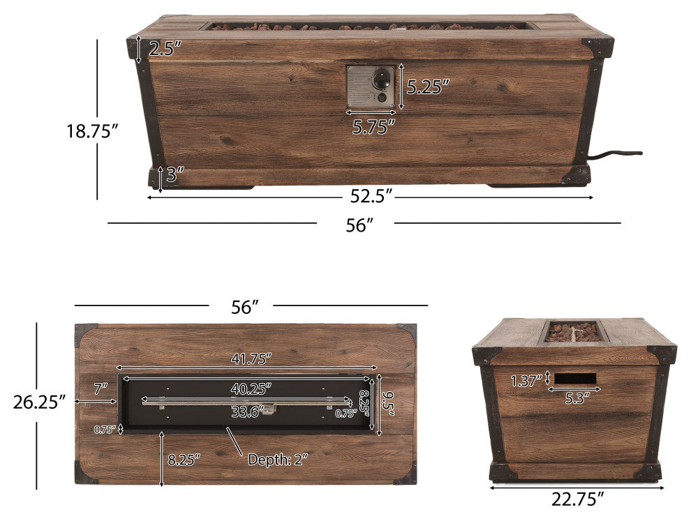 Aido Outdoor 50,000 BTU Rectangular Fire Pit, No Tank Holder