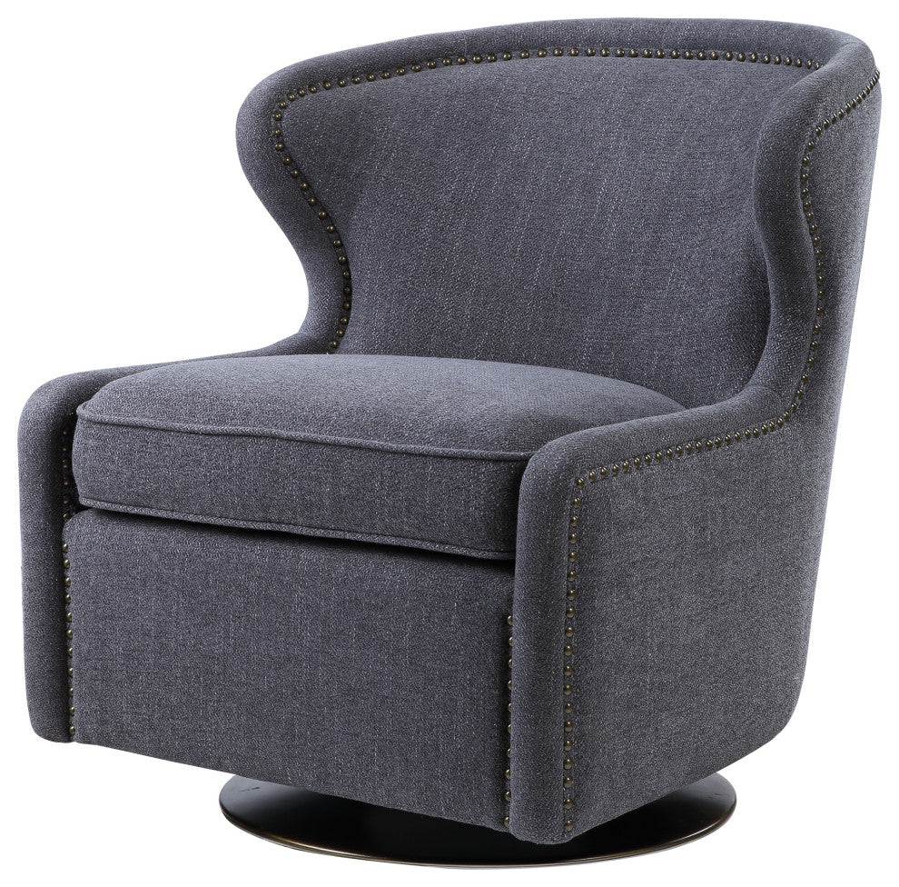 Modern Charcoal Gray Wing Back Accent Chair Swivel Mid Century Plush Herringbone