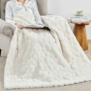 Cloud Carved Faux Fur Throw Blanket, White