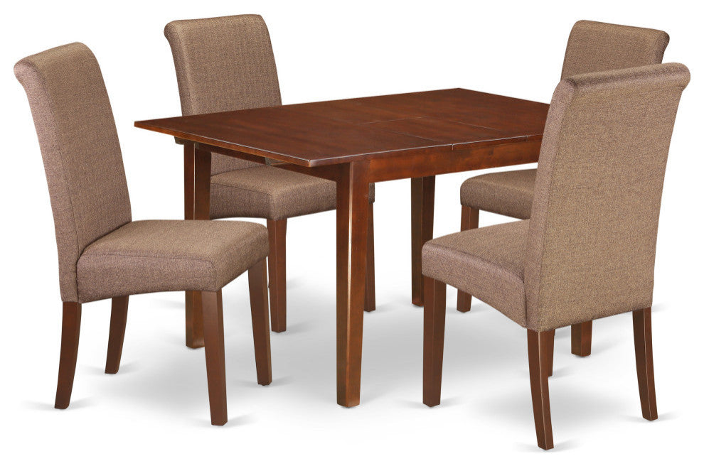 5Pc Kitchen Table, Linen Brown Fabric Dining Chairs, Mahogany Chair Legs