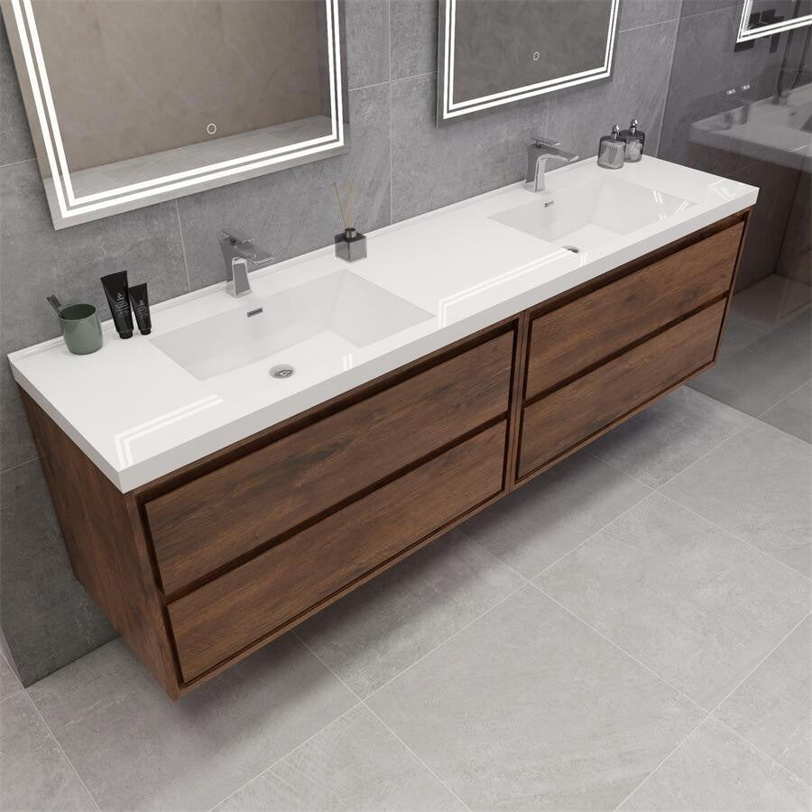 MOM 84 Wall Mounted Vanity With 4 Drawers and Acrylic Double Sink, Rose Wood