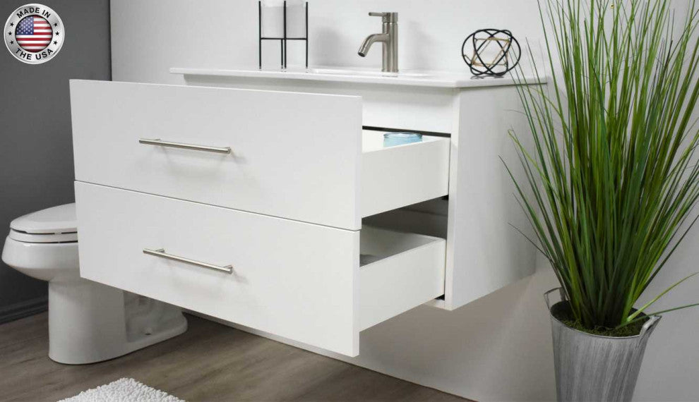 Napa 36" Modern Floating Bathroom Vanity With Ceramic Top and Round Handles, White