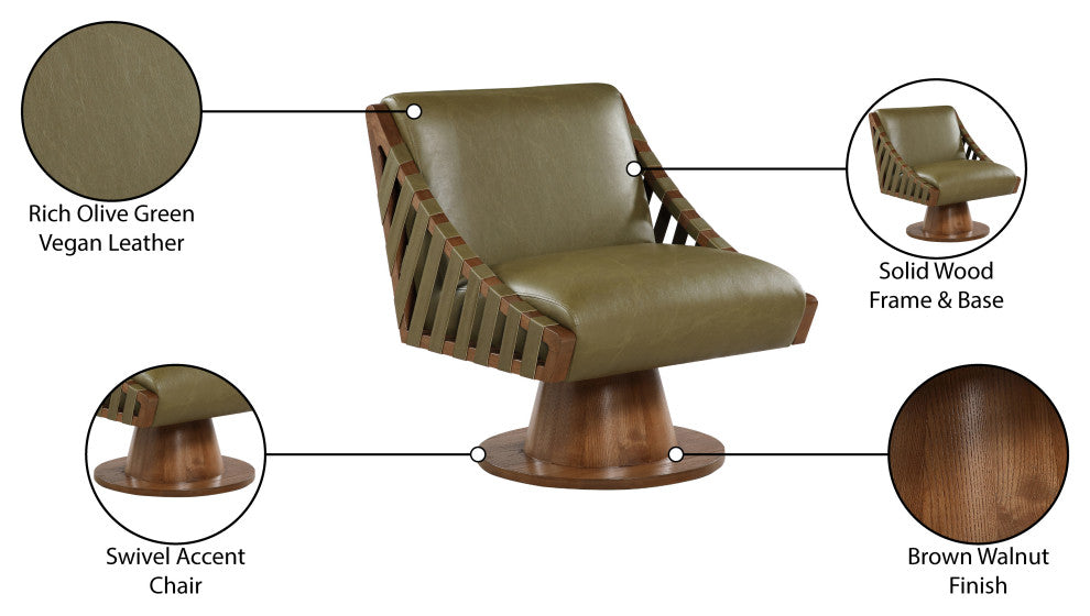 Millwin Upholstered Swivel Accent Chair, Olive, Vegan Leather, Walnut Finish