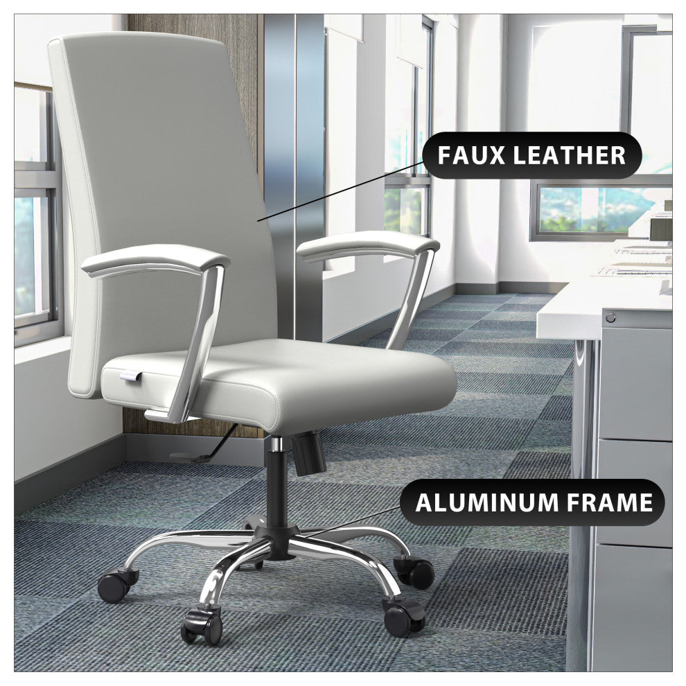 LeisureMod Evander Swivel Office Chair in Leather With Silver Frame, White