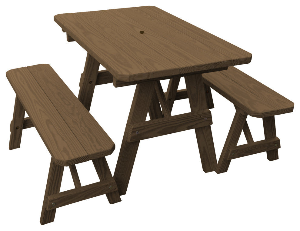 Pressure Treated Pine Picnic Table With 2 Benches, Mushroom Stain, 5 Foot, With Umbrella Hole