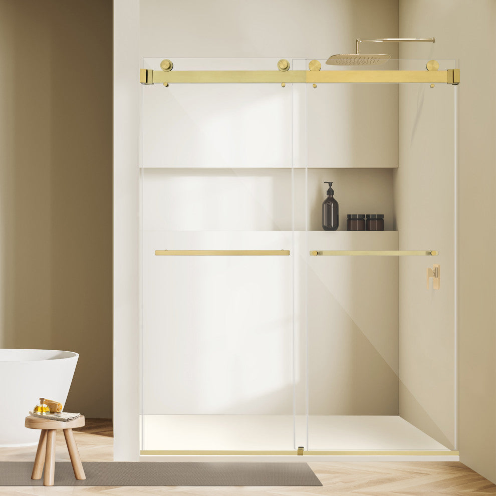 Frameless Exposed Roller Shower Door, Brushed Gold, 60" W X 76" H