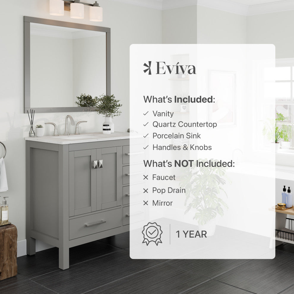 Eviva Aberdeen 36" Transitional Gray Vanity White Carrera Top and Square Sink