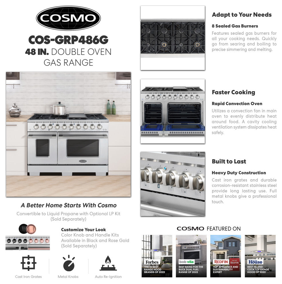 Cosmo 48 in. 5.5 cu. ft. Double Oven Gas Range with 8 Burners in Stainless Steel