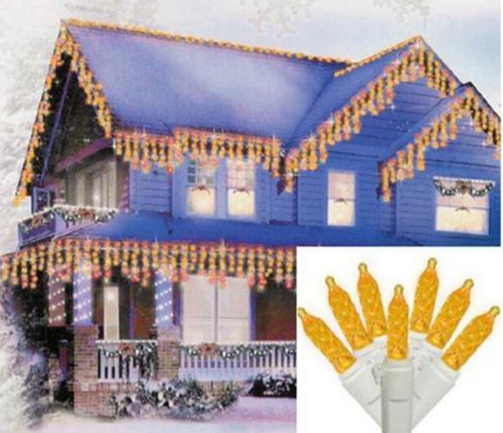 Yellow Gold LED M5 Icicle Christmas Lights, White Wire, Set of 70