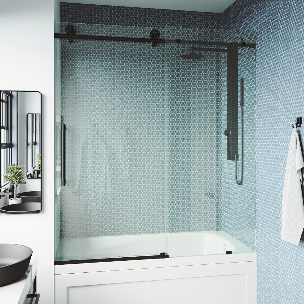 VIGO Elan Cass Aerodynamic 56" to 60" W x 66" H Frameless Sliding Tub Door, Matte Black, Clear Glass