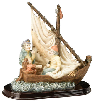 Clements Resin Two Fishermen, a Boat Figurine, Off White/Brown/Blue-Gray
