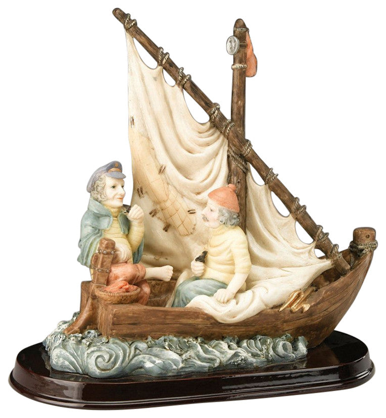 Clements Resin Two Fishermen, a Boat Figurine, Off White/Brown/Blue-Gray