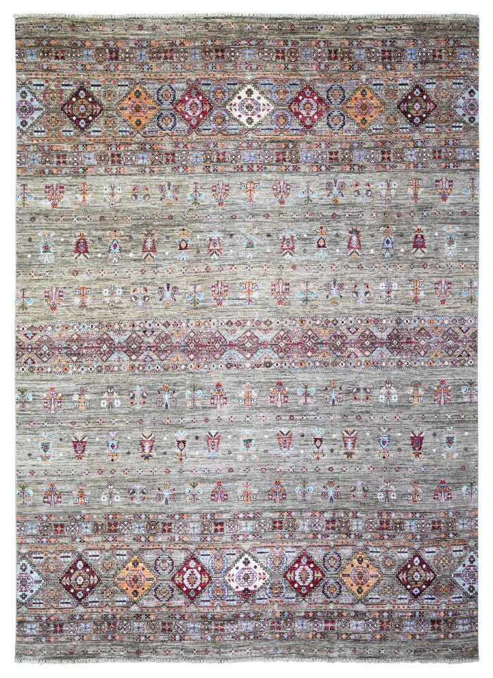 Sage Gray Afghan Super Kazak Hand Knotted Shiny Wool Oriental Rug, 8'6"x11'8"