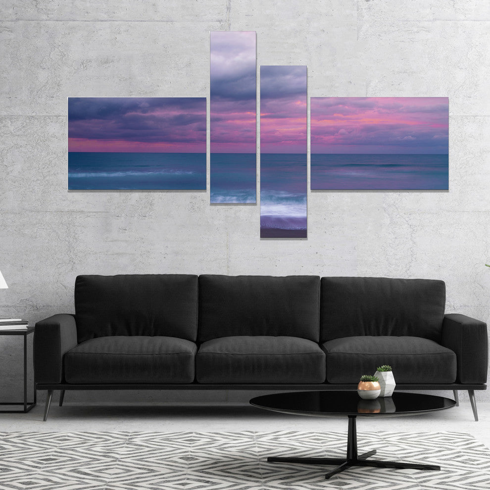 Blue and Pink Unset over Sea, Seashore Canvas Art Print, 60"x32", 4 panels