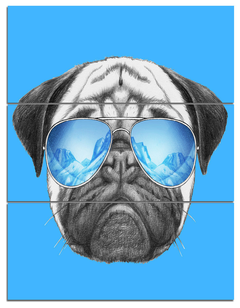 Pug Dog with Mirror Sunglasses, Animal Triptych Canvas Print, 28x36, 3 Panels