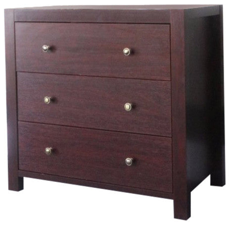 Capacious 3 Drawer Storage Chest With Metal Glides, Cherry Brown Finish.