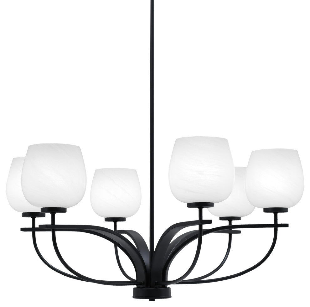 Cavella 6 Light Chandelier, Matte Black Finish, 6" White Marble Glass