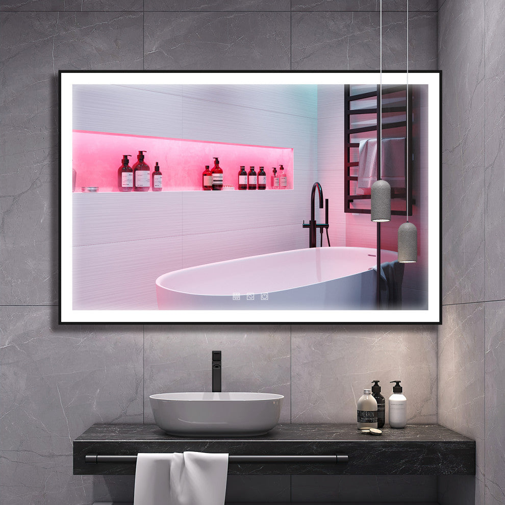 Kiva-Rhyme Black Framed LED Vanity Wall Mounted Mirror, 24x32", 3 Buttons, 48"x36