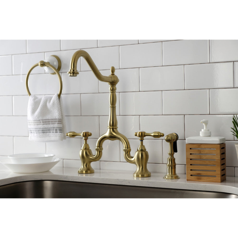 KS7757TALBS Tudor Bridge Kitchen Faucet With Brass Sprayer, Brushed Brass