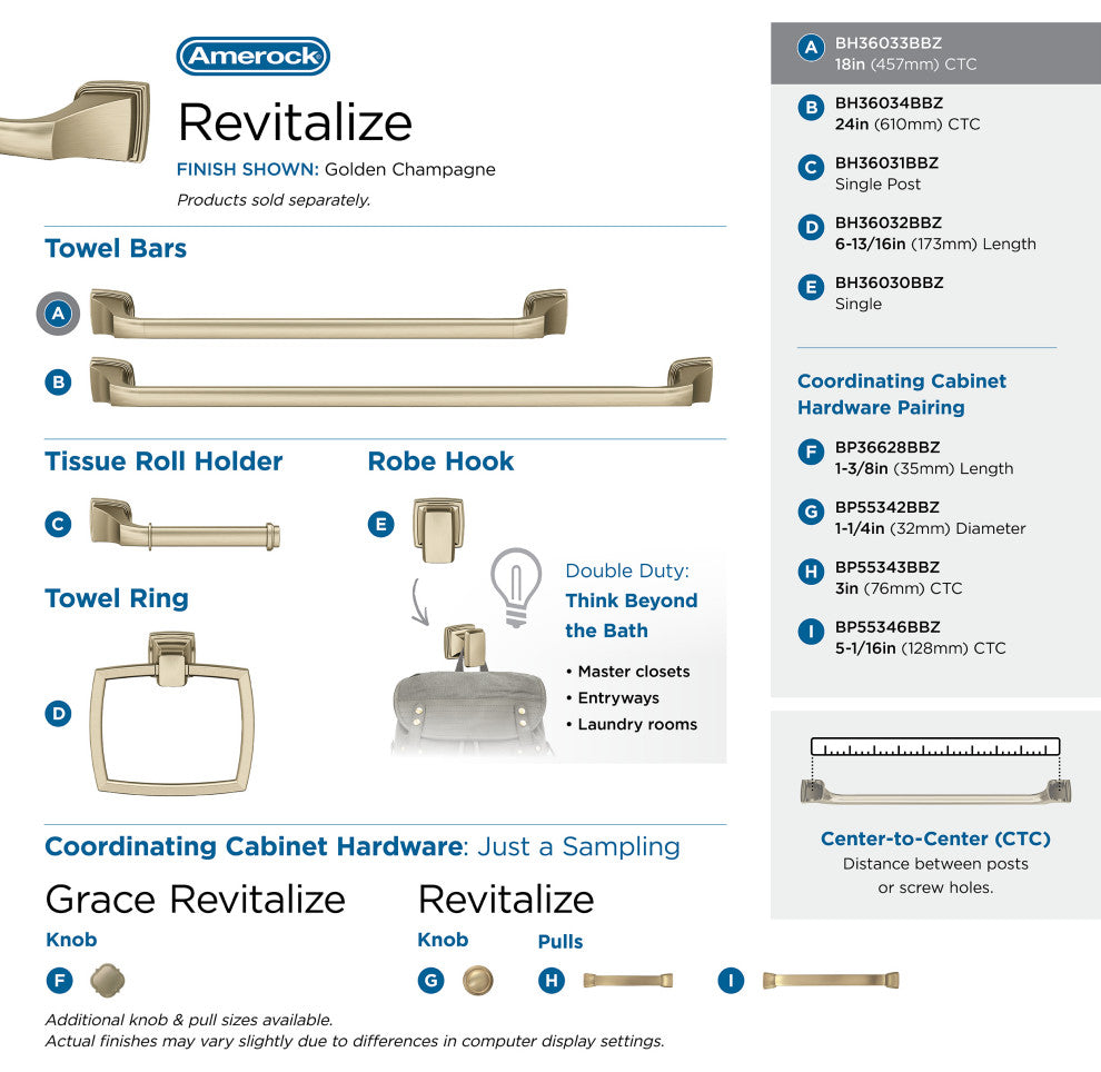 Amerock Revitalize Traditional Towel Bar, Golden Champagne, 18" Center-to-Center