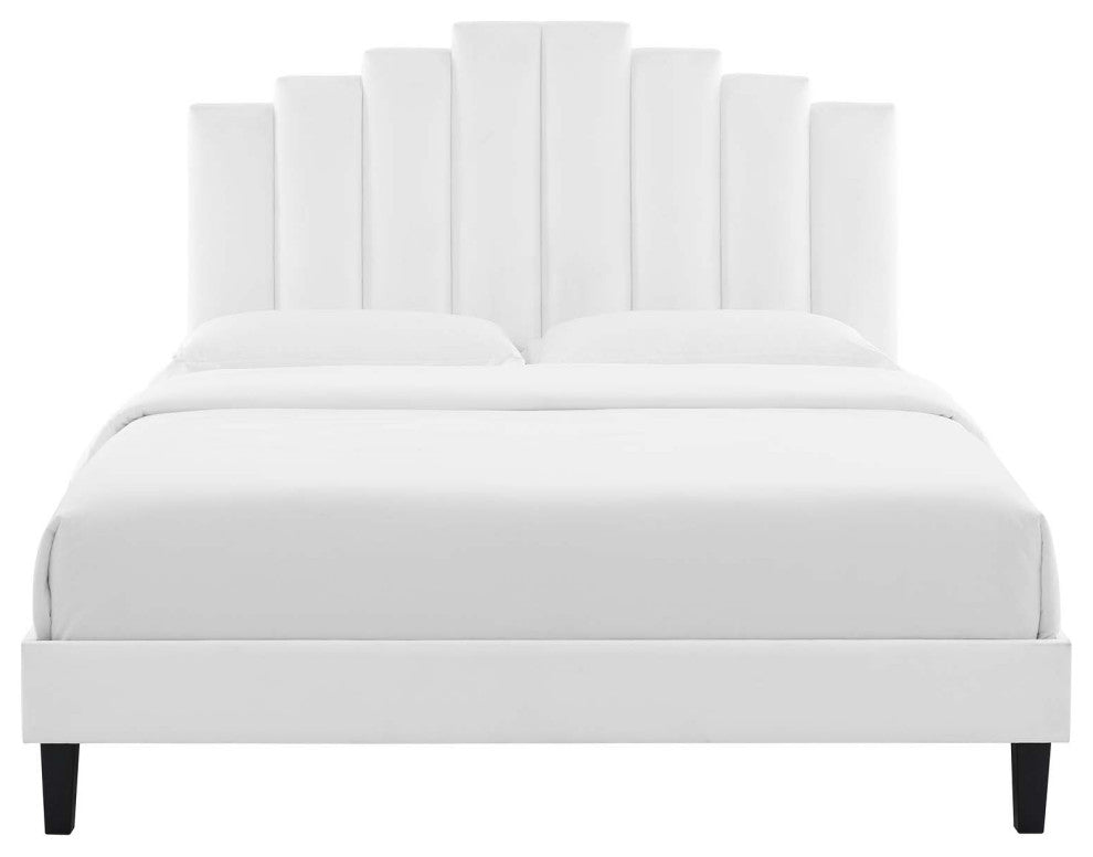 Platform Bed Frame, Queen Size, Velvet, White, Modern Contemporary, Bedroom