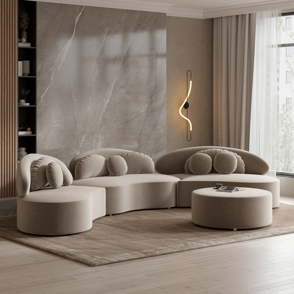 Khaki 4 Pieces Curved Sectional Modular Sofa Velvet Upholstered with Ottoman