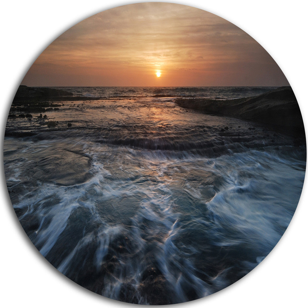 Dark Seashore With Rushing Waves, Modern Beach Round Wall Art, 11"