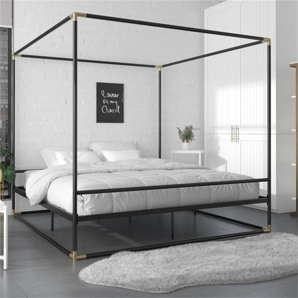 CosmoLiving Celeste Canopy Metal Bed King Size Frame in Black/Gold