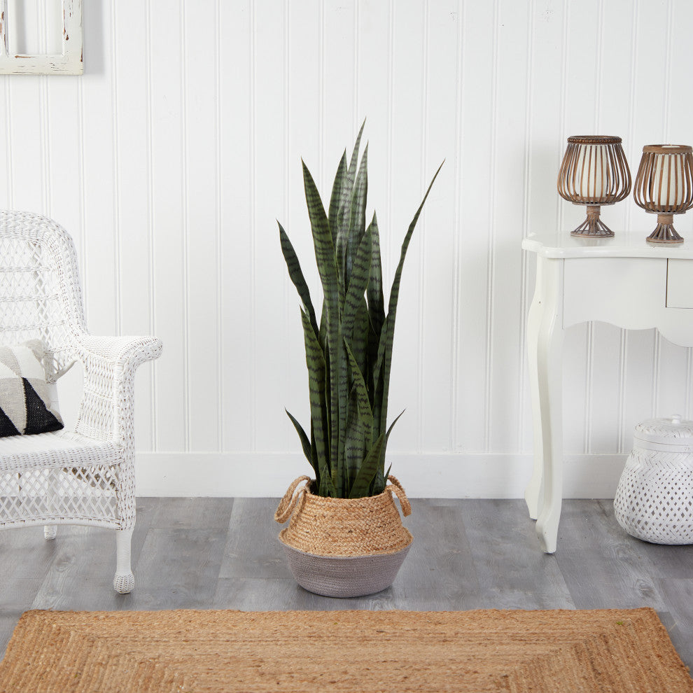P1762 46 Sansevieria Artificial Plant in Boho Chic Handmade Gray Woven Planter