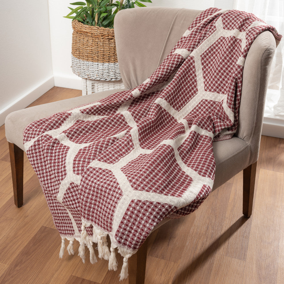 Blue/ Cream Geometric Turkish Organic Cotton Throw Blanket, Red