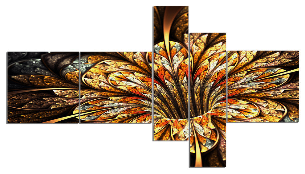 Golden Shiny Fractal Flower, Floral Art Canvas Print, 60"x32", 5 panels
