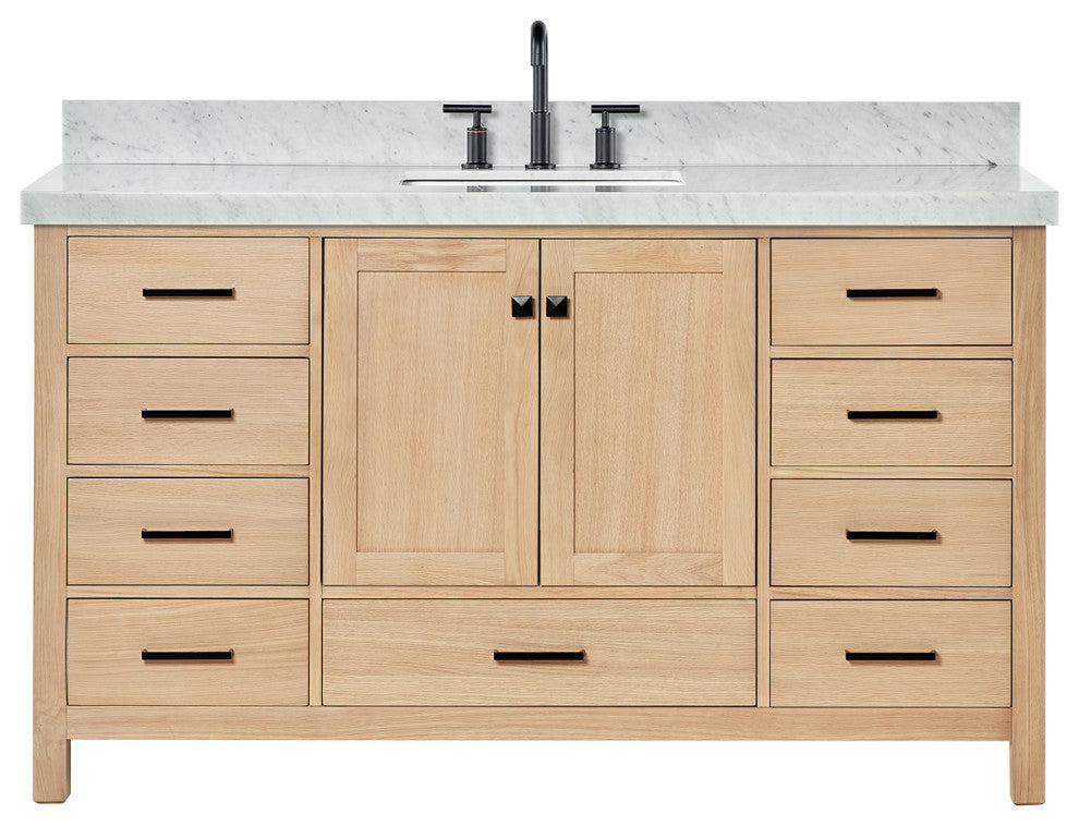 Cambridge 60" Single Bath Vanity With Italian Carrara Marble Top, Oak
