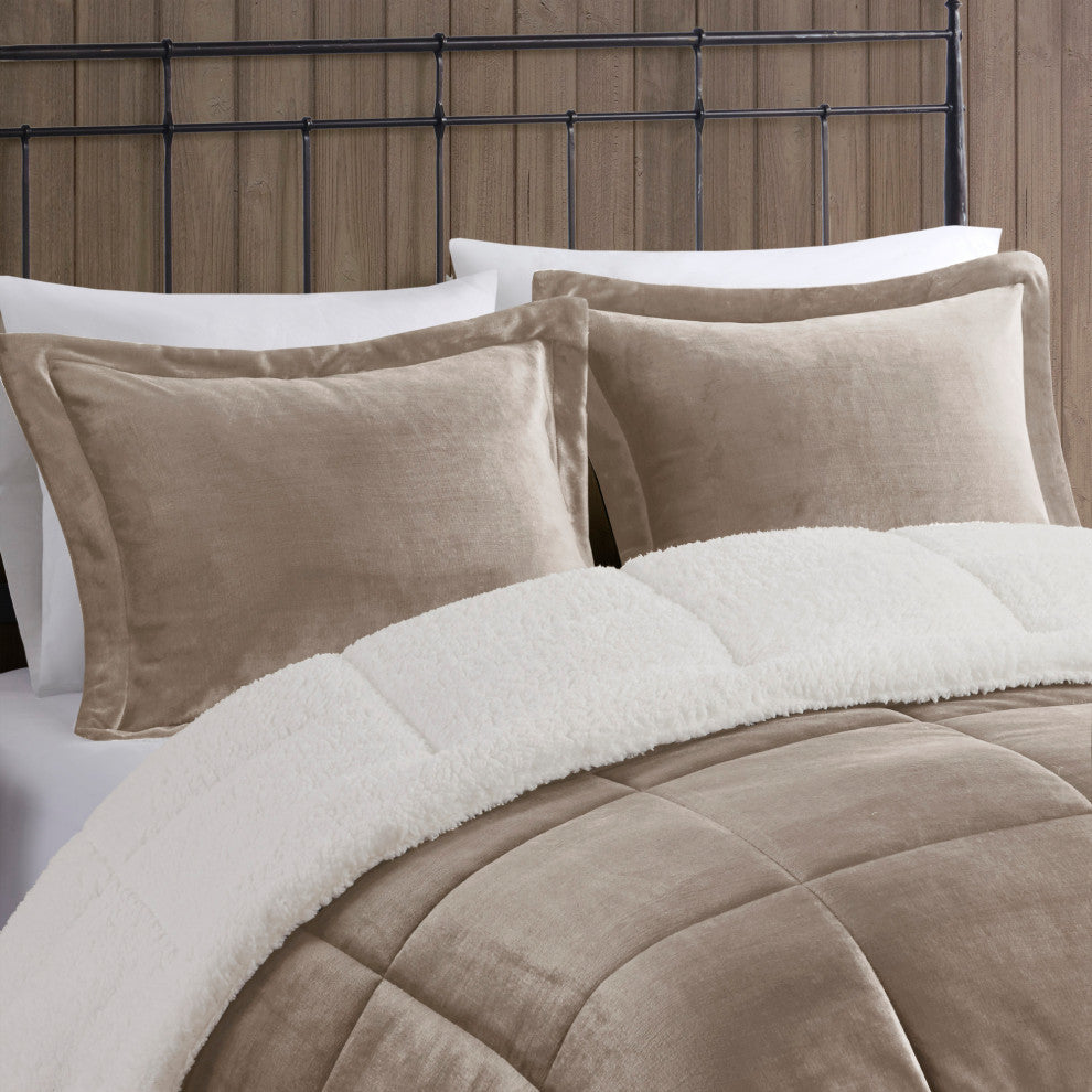 Woolrich Alton Plush to Sherpa Winter Comforter Set, Taupe, King