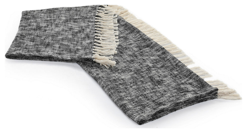 Boho Chambray Throw Blanket with Fringe, Jet Black
