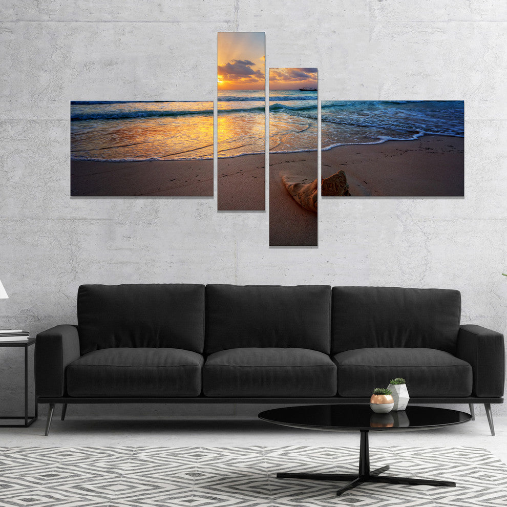 Quiet Seashore during Sunset, Seashore Canvas Art Print, 60"x32", 4 panels