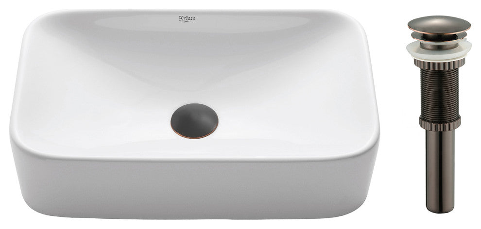 Elavo Ceramic Rectangle Vessel White Sink, PU Drain Oil Rubbed Bronze