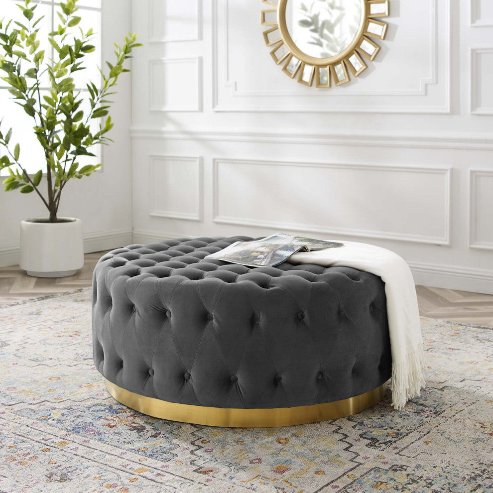 Tufted Accent Chair Ottoman, Round, Velvet, Gray, Modern, Lounge