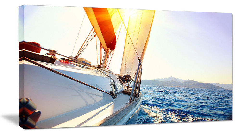 Sailboat Sailing in the Blue Sea, Large Seashore Canvas Wall Art, 32"x16"