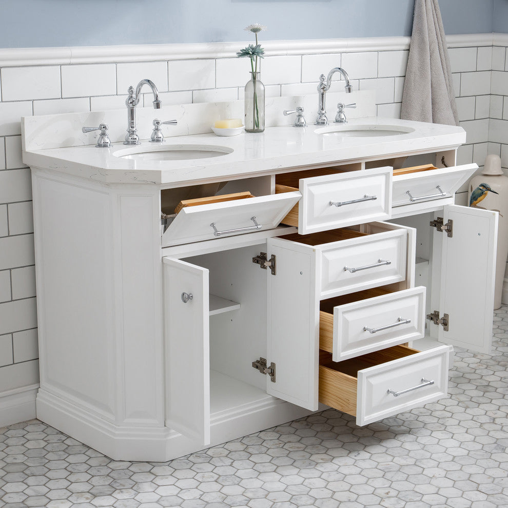 60" Palace Quartz Carrara Pure White Vanity With Hardware, Faucets, Mirror