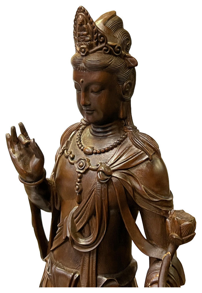 Chinese Brown Guan Yin Tara Bodhisattva Avalokitesvara Wood Statue, Hws2213