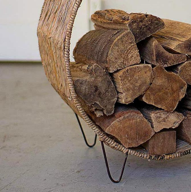 Woven Rush and Metal Firewood Rack with Tall Handle
