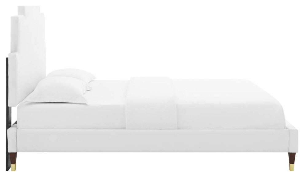 Platform Bed Frame, Full Size, Velvet, White, Modern Contemporary, Bedroom
