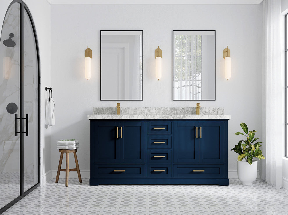 Boston 72 Double Sink Bath Vanity in Navy Blue 2" Carrara Marble