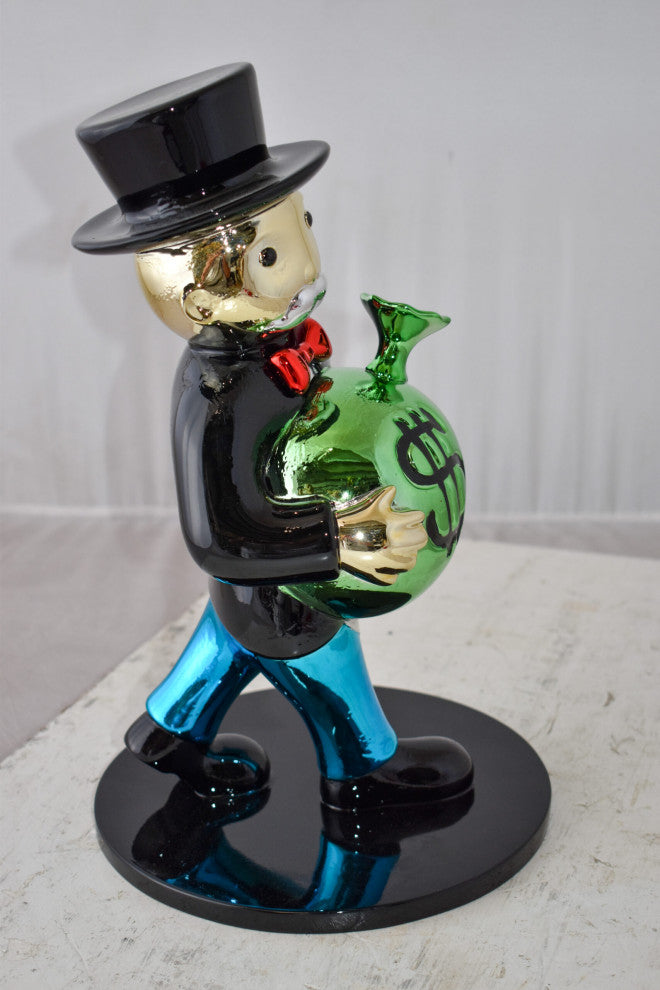 Vibrant Monopoly Man Holding Money Bag Resin Statue Small Size: 10" x 10" x 16