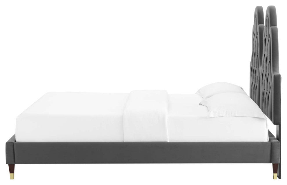 Tufted Platform Bed Frame, King Size, Velvet, Gray, Modern Contemporary