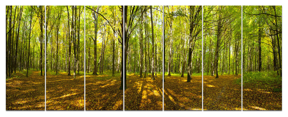 Green Autumn Forest Panorama, Landscape Canvas Art Print, 83"x32", 7 Panels
