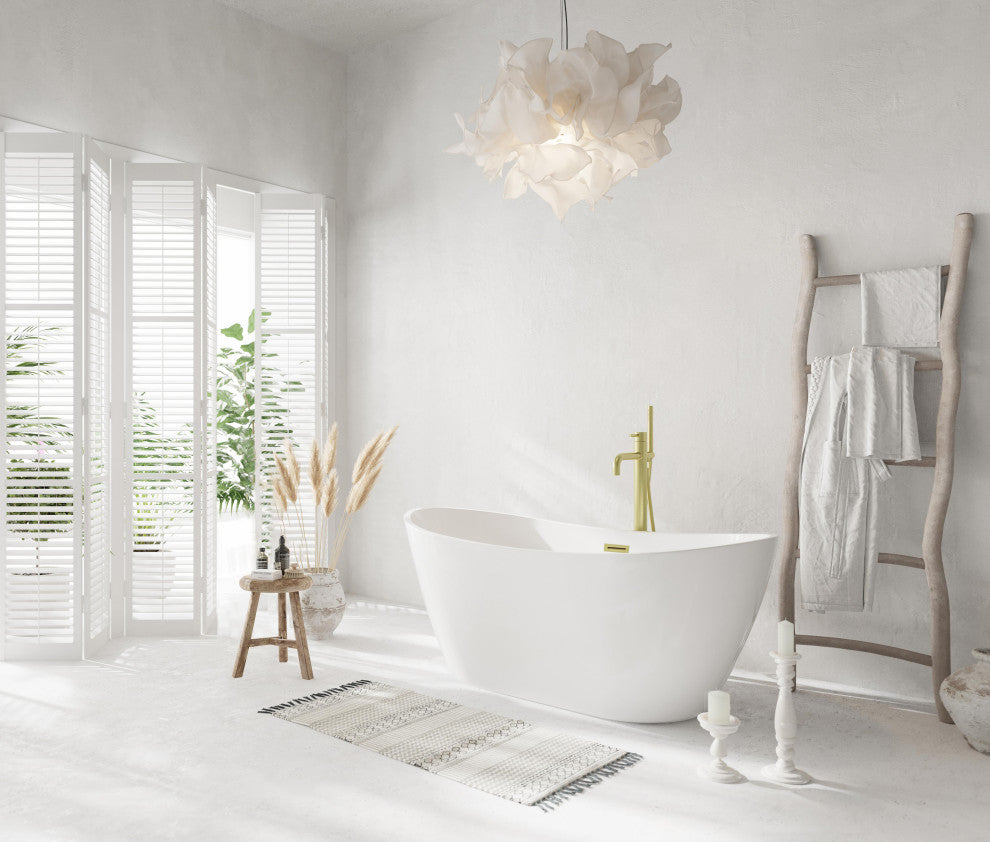 Igor 59" Soaking Bathtub, Glossy White With Brushed Gold Trim